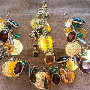 Coin Charm Bracelet, Pendant and Earrings Mixed Media, Jewels, Rhinestones